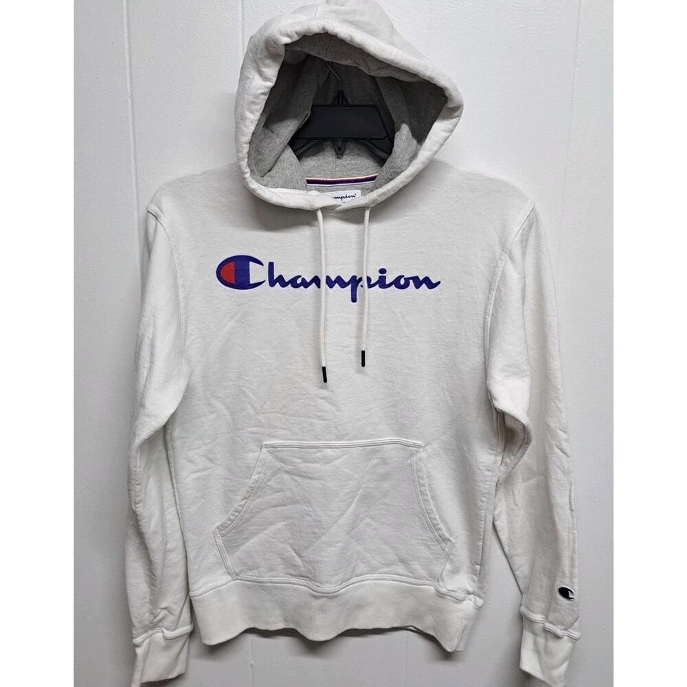 Champion Hoodie Sweatshirt Men Small White Embroidered Script Cotton‎ Blend